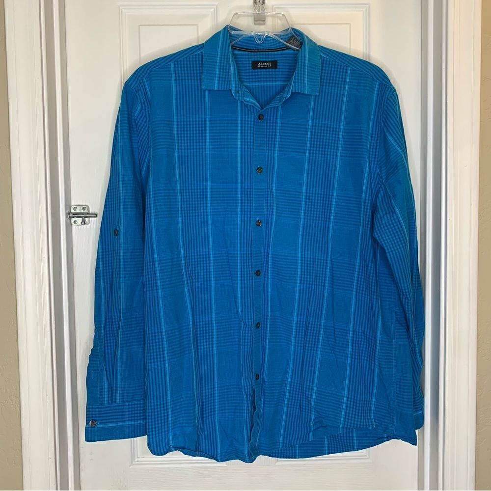 Men’s Alfani Regular Fit Button Down Plaid Shirt Turquoise Size XL